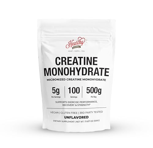 HEARTHY FOODS Creatine Monohydrate Micronized Powder 500G - 100 Servings, 5000mg Per Serving (5g) - for Men & Women Muscle Growth & Recovery - UNFLAVORED