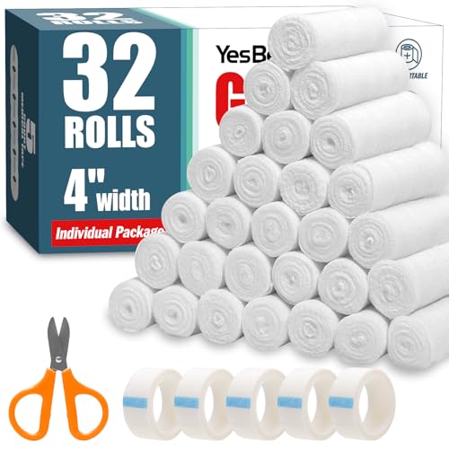 YesBes 32 Pack Gauze Rolls, 4 in x 4.1 Yards, Premium Gauze