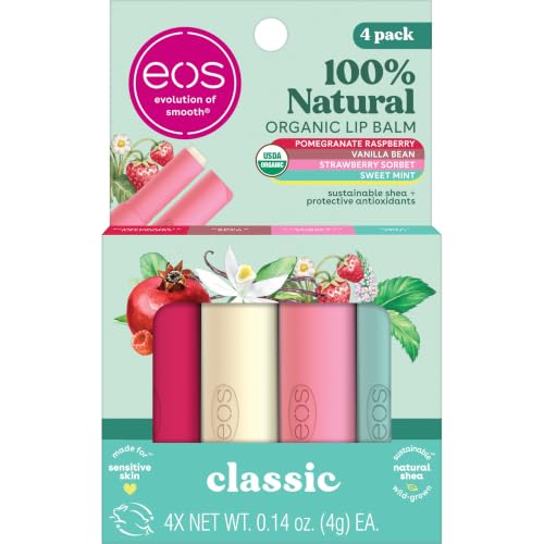 eos 100% Natural & Organic Lip Balm Sticks- Strawberry Sorbet, Vanilla Bean, Sweet Mint & Pomegranate Raspberry, Lip Care Products, 0.14 oz, 4-Pack