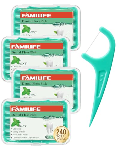 FAMILIFE Floss Picks, 240 Count Mint Dental Floss Picks with 4 Travel