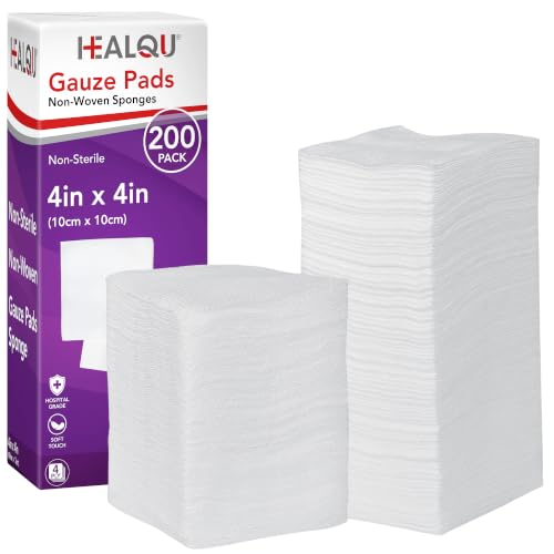 HEALQU 4x4 Gauze Pads - Bag of 200-4-Ply, Non-Woven Surgical Sponges - Super Absorbent Medical Gauze Sponges for Wound Dressing, Debridement, Cleaning, Prepping