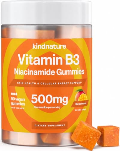 kindnature Vitamin B3 Niacinamide Gummies 500mg – Flush-Free Niacin Supplement – Supports Skin, Energy & Nervous System Wellness – Vegan, Gluten-Free, Soy-Free – 90 Gummies
