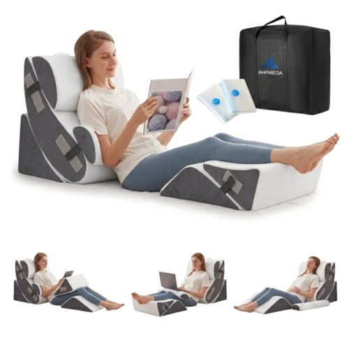 Ahpmeoa 6PCS Wedge Pillow Set for After Surgery, Sit Up Pillow, White | Orthopedic Wedge Pillow, Memory Foam Back Pillow for Bed Sitting Up, for Acid Reflux Relief, GERD, Anti Snoring, 23 Inch