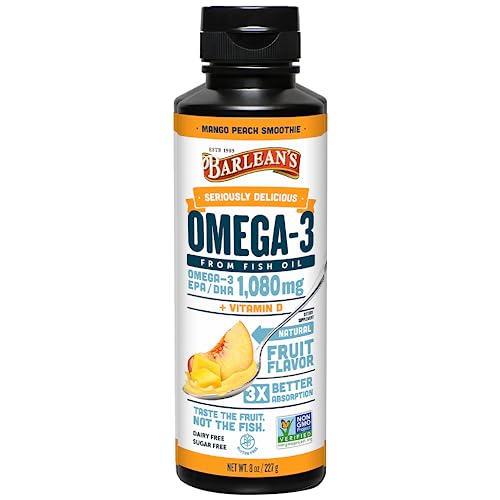 Barlean's Mango Peach Omega-3 Fish Oil, Vitamin D, 1080mg EPA & DHA,