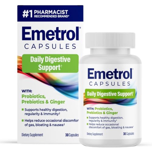 Emetrol Daily Digestive Support Capsules, 30 Ct | Probiotic, Prebiotic, and Ginger Supplement for Gut Health, Bloating, Gas and Nausea Support, Supports Healthy Digestion