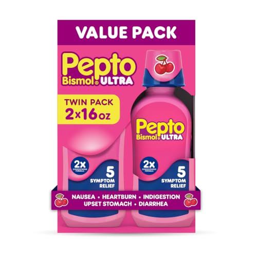Pepto Bismol Liquid Ultra for Nausea, Heartburn, Indigestion, Upset Stomach, and Diarrhea - 5 Symptom Fast Relief, Cherry Flavor, 2x16 oz