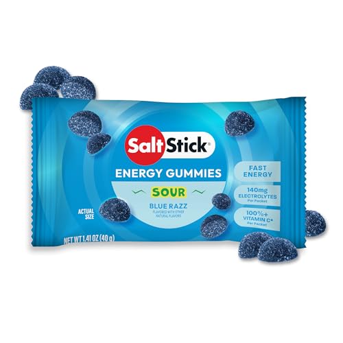 SaltStick Energy Chews Blue Sour Raz Energy Gummies 10 Bags/ 20 Servings | Quick carbohydrates and electrolytes in delicious gummies to fuel your workout without sticky gels. Caffeine-free.