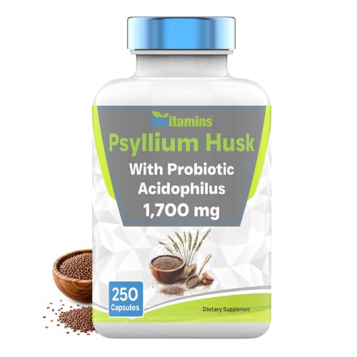tnvitamins Psyllium Husk Capsules | 1700 MG - 250 Capsules | with Probiotic Acidophilus | Extra Strength Soluble & Dietary Fiber Supplement | Supports Digestive Health