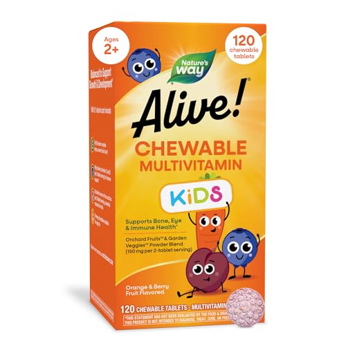 Nature's Way Alive! Children’s Chewable Multivitamin, Cherry, 120 ct | Kids Multivitamin Tablets with Orchard Fruits and Garden Veggies Powder Blend, Daily Kids Vitamins for Nutritional Support
