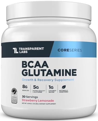 Transparent Labs BCAA Glutamine - 30 Servings, Strawberry Lemonade | 8000mg of BCAA Powder per Serving w L Glutamine & Coconut Water - Post Workout Recovery, Muscle Growth & Increased Endurance