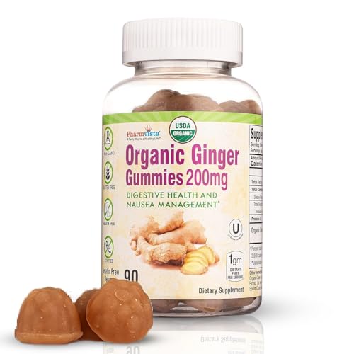 Pharmvista USDA Organic Ginger Gummies 200mg 90 Count for Nausea Management and