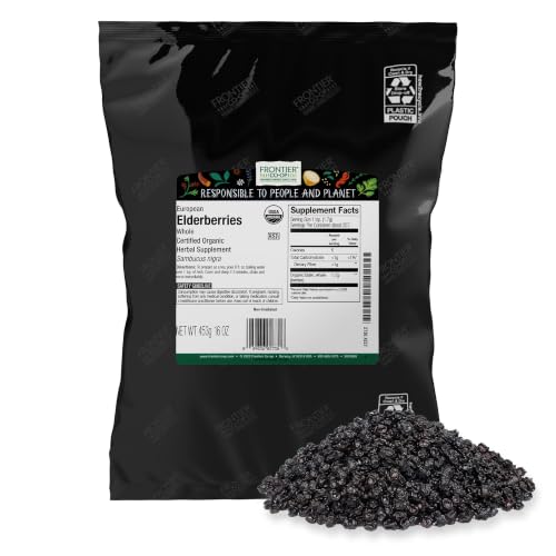 Frontier Co-op Organic Whole European Elderberries, 16oz | Dried Elderberries for Tea,