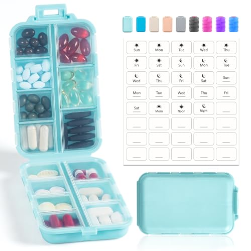 14 GRIDS Travel Pill Organizer Box with Labels - Travel Medicine Case