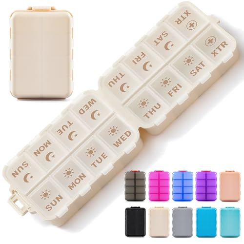 Compact & Foldable Weekly Pill Organizer 2 Time a Day, 7-Day AM PM Pill Box | Large Capacity, Dual Protection, Etched Labels- Week Daily Travel Vitamin Case Holder, Supplement Fish Oil Medicine Dispenser
