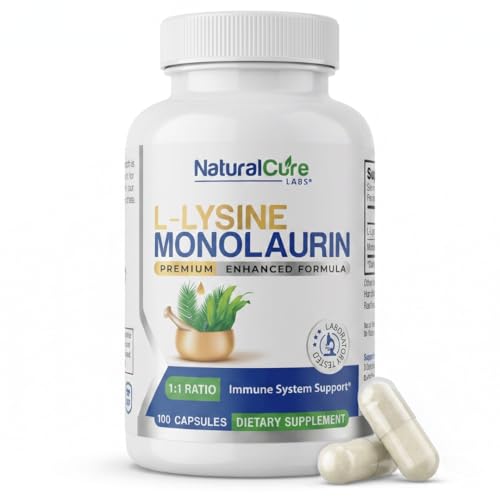 Natural Cure Labs L-Lysine with Monolaurin 600mg 1:1 Ratio, 100 Capsules | 600mg L-Lysine and 600mg Monolaurin per serving in a 1:1 ratio; vegan, gluten-free, lab tested for purity & potency