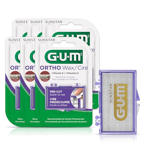 GUM Orthodontic Wax for Braces, Aligners & Dental Devices, Soothing Dental Wax with Vitamin E, Clear, Unflavored, Pack of 6
