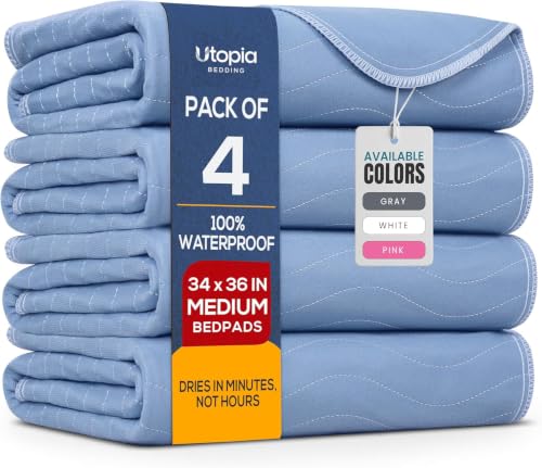 4 Pack Waterproof Reusable Heavy Absorbency Incontinence Bed Pads 34"x36" | Utopia Bedding Washable Underpads, Chuck Pads for Adults, Kids, Elderly and Pets, Bedwetting Pads for Sofa and Couch, Blue