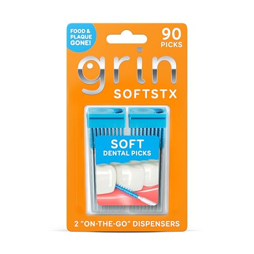 GRIN Softstx, Gentle Dental Picks, 90 Count, Soft Flexible Bristles, Textured Plaque