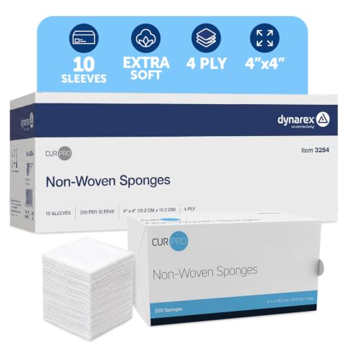 Dynarex 3254 CurPro Non-Woven Sponges - 4" x 4" - Non-Sterile - 4-Ply | All-Purpose Highly Absorbent Wound Care Gauze Pads - 10 Boxes per Case, 200 Sponges per Box
