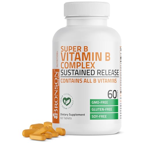 Bronson Super B Vitamin B Complex Sustained Release for Energy, 60 Tablets | B1, B2, B3, B6, Folic Acid, B12, Biotin & Pantothenic Acid, One-Tablet Formula, Non-GMO, Gluten-Free & Soy-Free