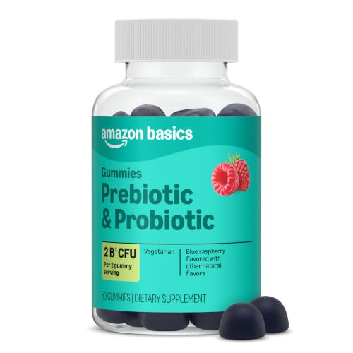 Amazon Basics Prebiotic & Probiotic Gummies, 2 Billion CFU, Blue Raspberry, 50 Count (2 per Serving), Packaging May Vary