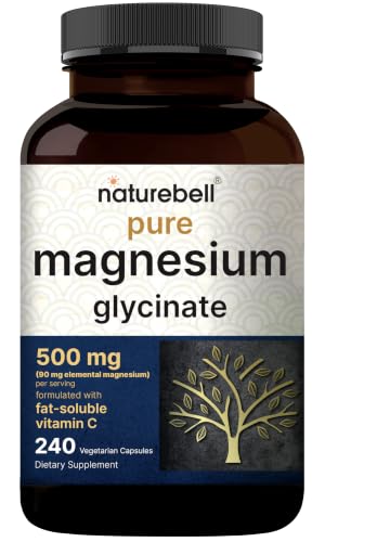 NatureBell Pure Magnesium Glycinate 500mg Per Serving, 240 Veggie Capsules | 100% Chelated & Purified Magnesium Supplement for Women & Men. 3rd Party Tested, Vegan Friendly, Non-GMO, Filler Free.
