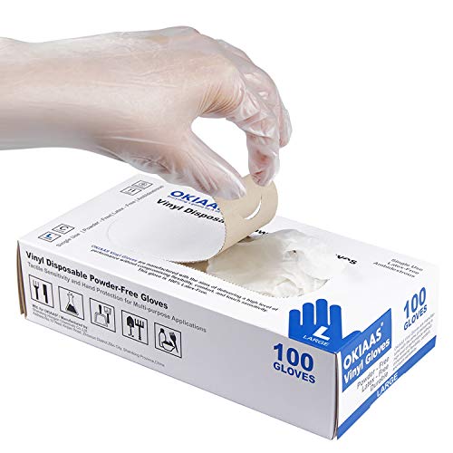 OKIAAS Clear Vinyl Disposable Gloves, Latex-Free, Powder-Free | Food Safe, 100 Count