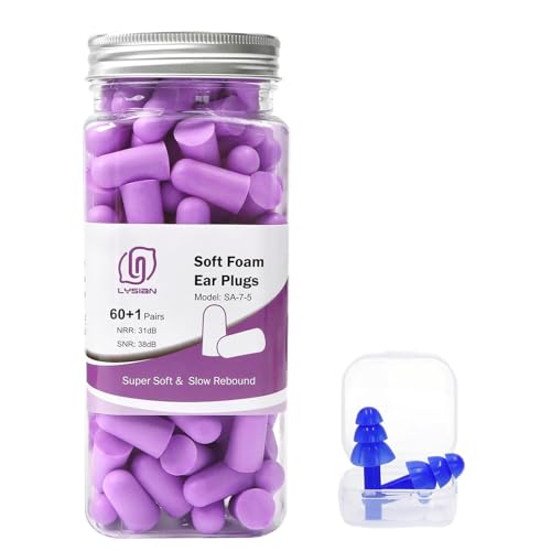 LYSIAN Soft Foam Ear Plugs for Sleeping, 60 Pairs, 38dB SNR, Purple