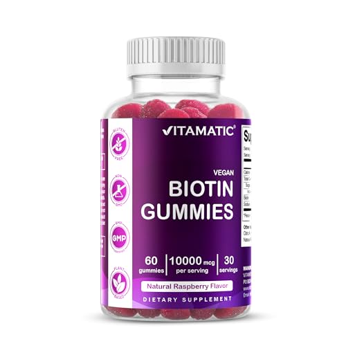Vitamatic Biotin Gummies 10,000 mcg, 60 Vegan Gummies, Raspberry Flavor | 10000 mcg Per Serving, Natural Raspberry Flavor, Pectin Based, Gluten Free, GMP Certified