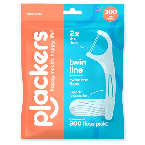 Plackers Twin Line Floss Picks, Intense Mint, 300 Count | PTFE free Tuffloss, Fits tight teeth, Fold-out FlipPick, Plaque removal, QuickFix Grip, Resealable bag