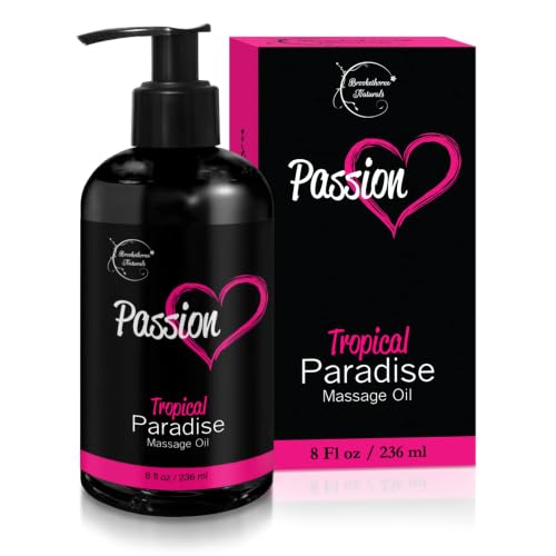 Passion Sensual Massage Oil for Date Night by Brookethorne Naturals | 8oz | 100% Natural Body Oil for Couples | Aromatherapy & Relaxing Massage | Tropical Scent | Jojoba & Almond for Smooth glide