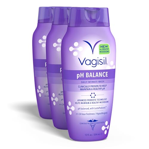 Vagisil pH Balance Feminine Wash, LactoPrebiotic, 12 Fl Oz (3 Pack) | pH balanced feminine wash with LactoPrebiotic for healthy microbiome. Gynecologist tested, hypoallergenic, with aloe.