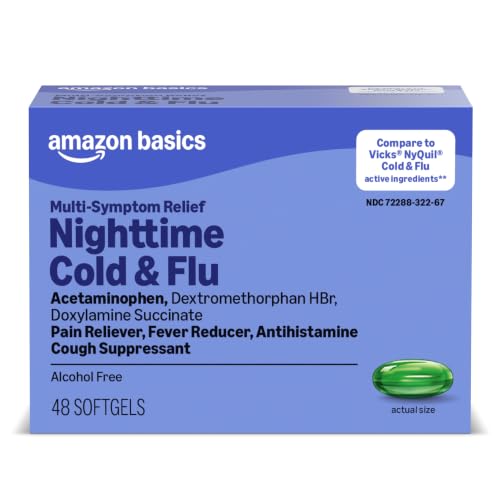 Amazon Basics Nighttime Cold and Flu Relief Softgels, 6 Hour Cold Medicine,