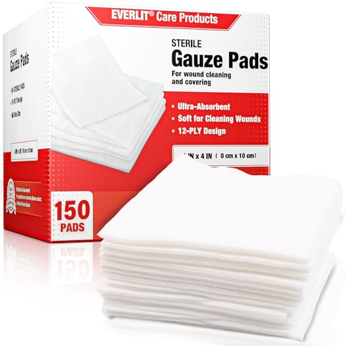 EVERLIT [Extra-Thick] 4''x4'' Sterile Gauze Pad 12-Ply, 150 Pack, Individual Wrapped, Ultra