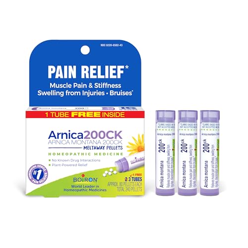 Boiron Arnica Montana 200CK Homeopathic Medicine for Pain Relief, Muscle Pain & Stiffness, Swelling from Injuries, & Bruises - 3 Count (240 Pellets)
