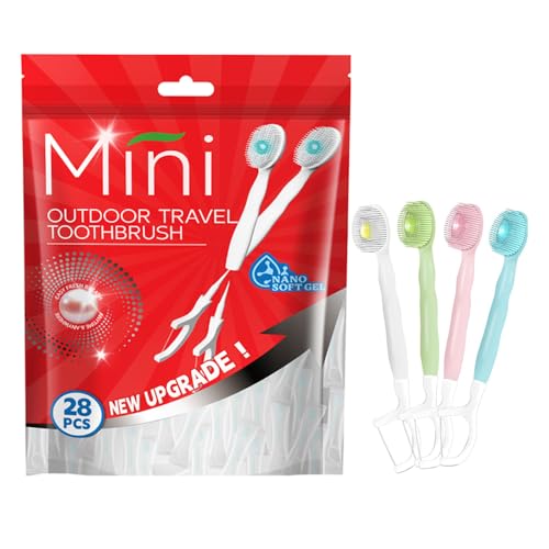 KUGUAN 28 Packs Mini Brushes Disposable Toothbrushes, Mix Flover | with Toothpaste, Floss, Pick, Tongue Scraper, Travel Size Business Trip Individually Wrapped