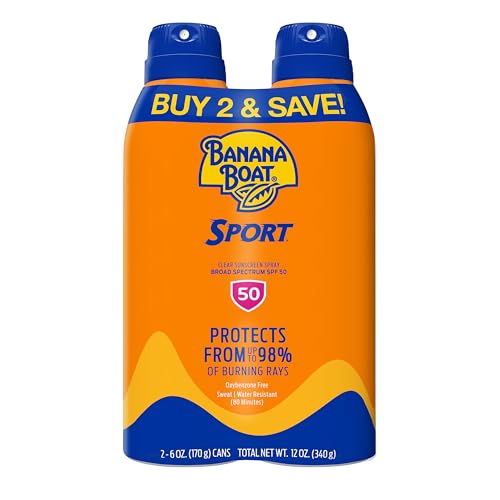 Banana Boat Sport SPF 50 Sunscreen Spray, 6 oz (2 Pack) | Sweat and water resistant sunblock spray, UVA/UVB broad spectrum protection, Lightweight formula, Outdoor use