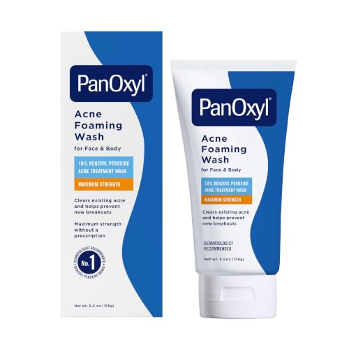 PanOxyl Acne Foaming Wash, 10% Benzoyl Peroxide, For Face & Body, 5.5 oz | Maximum Strength, Antibacterial Daily Cleanser, Treats & Prevents Acne, Non-Comedogenic, Vegan, Unscented, All Skin Types
