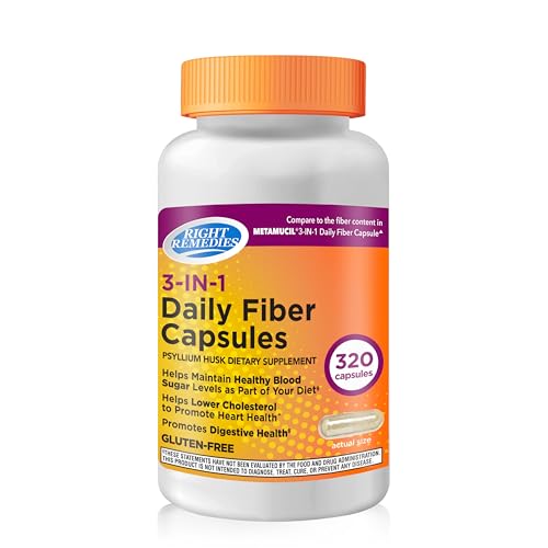 RIGHT REMEDIES 3-in-1 Daily Fiber Capsules, 500 mg, 320 Capsules | Psyllium Husk, Dietary Plant Based Supplement