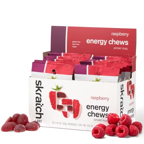 Skratch Labs Energy Chews, Gel Alternative, Raspberry, 10 Pack | Gummies for running, cycling & endurance, quick carbs for athletes, easy to digest, real fruit, gluten free, vegan