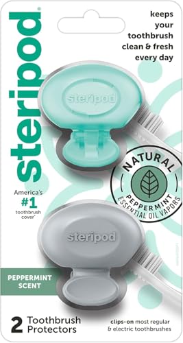 Steripod Clip-On Toothbrush Protectors, Peppermint Scent, 2 Count | Natural Essential Oil
