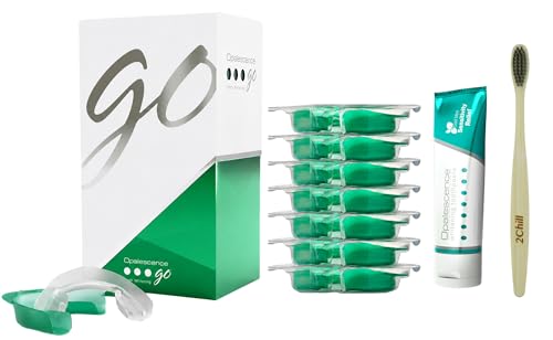Opalescence GO 15 Teeth Whitening Trays Bundle - Hydrogen Peroxide 6288-T | Gel Prefilled Trays - Includes Sensitive Toothpaste Travel Size 1 Oz & 2Chill Toothbrush. Mint - by Ultradent (7 Treatments)