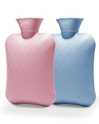 FORICOM 2-Pack 2L Hot Water Bottles, Hot & Cold Therapy Bags for Pain | 2L bottles in blue and pink, BPA-free 2.2mm PVC with a wide mouth for easy filling and lasting warmth indoors or outdoors.
