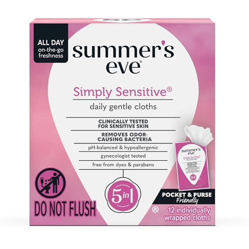 Summer's Eve Gentle Feminine Wipes, Simply Sensitive, 12 Count | Individually Wrapped Vaginal Wipes, Gentle pH-Balanced Micellar Water Formula, Feminine Care, Help Remove Vaginal Odor