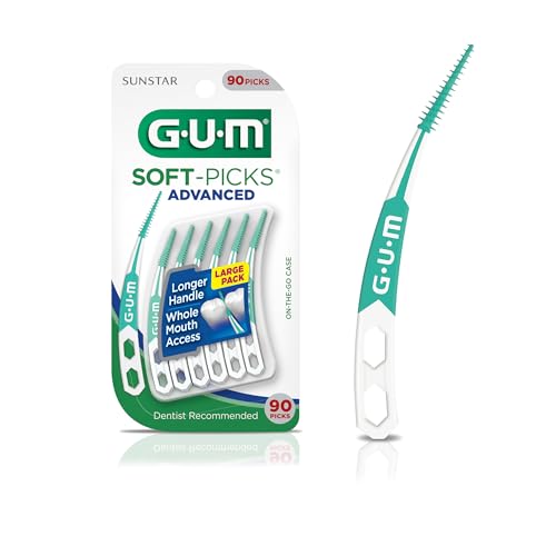 GUM Soft-Picks Advanced Interdental Picks, 90 Count | Soft bristles, Longer curved handle, Safe for braces & bridges, Latex and wire free, Includes travel case, Disposable picks
