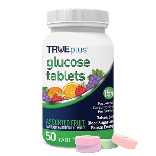 TRUEplus Glucose Tablets, Assorted Fruit Flavors, 50 Count | Chewable Tablets, 15g