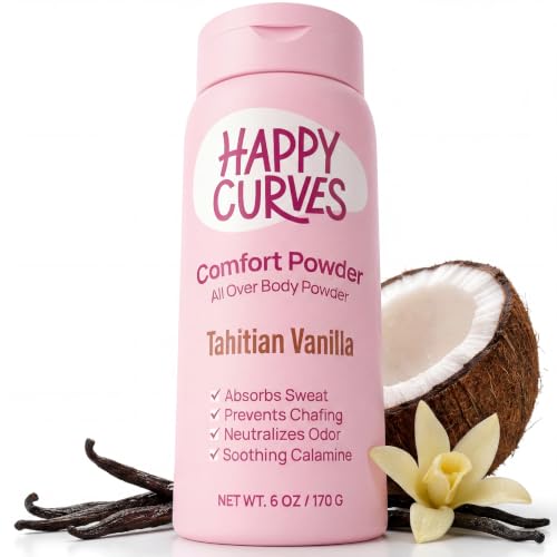 HAPPY CURVES Talc-Free Anti-Chafe Deodorant Body Dusting Powder for Women | Odor Control, & Anti-Chafing for Inner Thighs & Private Areas - Whole Body Deodorant Powder - 6oz - Tahitian Vanilla