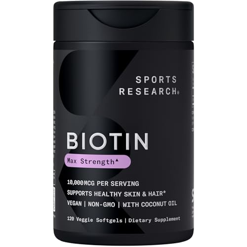 Sports Research® Biotin 10,000mcg w/Coconut Oil, 120 Count Plantgels™ | Max Strength