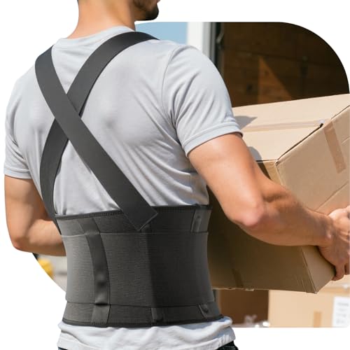 Work Back Brace for Men & Women, Adjustable Lower Back Support Belt | for Sciatica, Herniated Disc, Pain Relief, Moving Construction Warehouse Heavy Lifting Safety & Protection(Black, Large)
