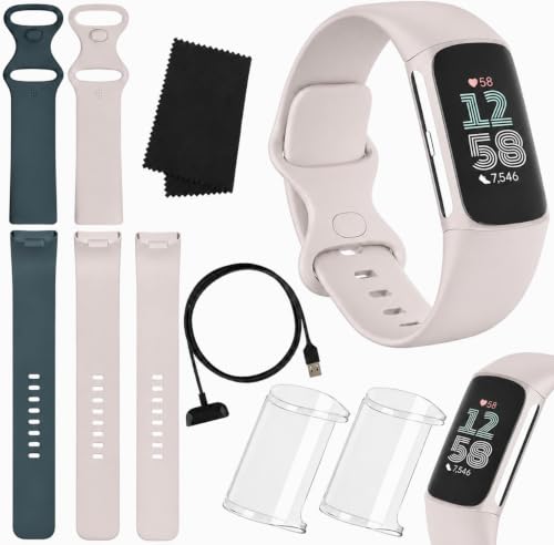 Fitbit Charge 6 Fitness Tracker (Bundle) – Heart Rate, GPS, Sleep & Stress Tracking + 2 Silicone Bands + 2 Protection Shields & Cleaning Cloth (Porcelain)